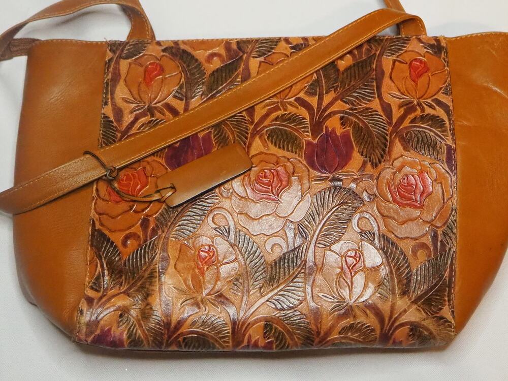 CEM Genuine Leather Tooled Floral Shoulder Tote Bag Brown Hand Painted Brazil